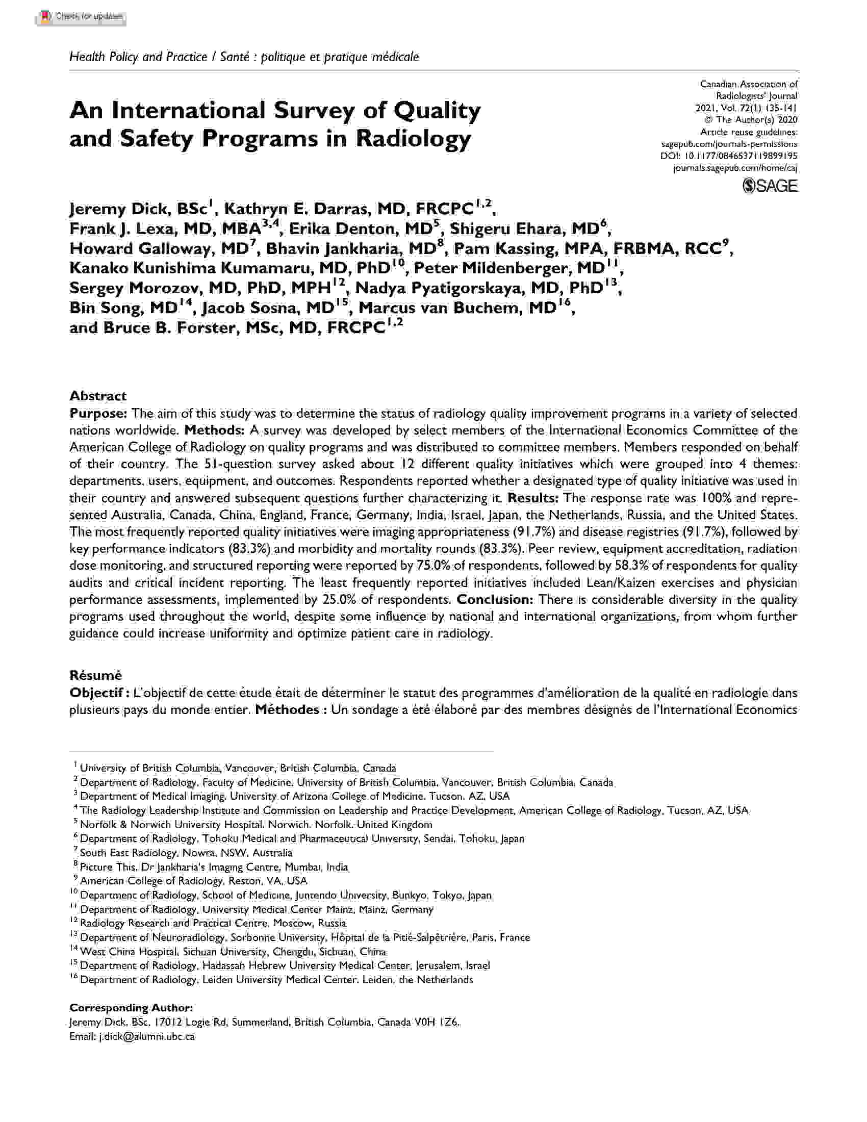 An International Survey of Quality and Safety Programs in Radiology